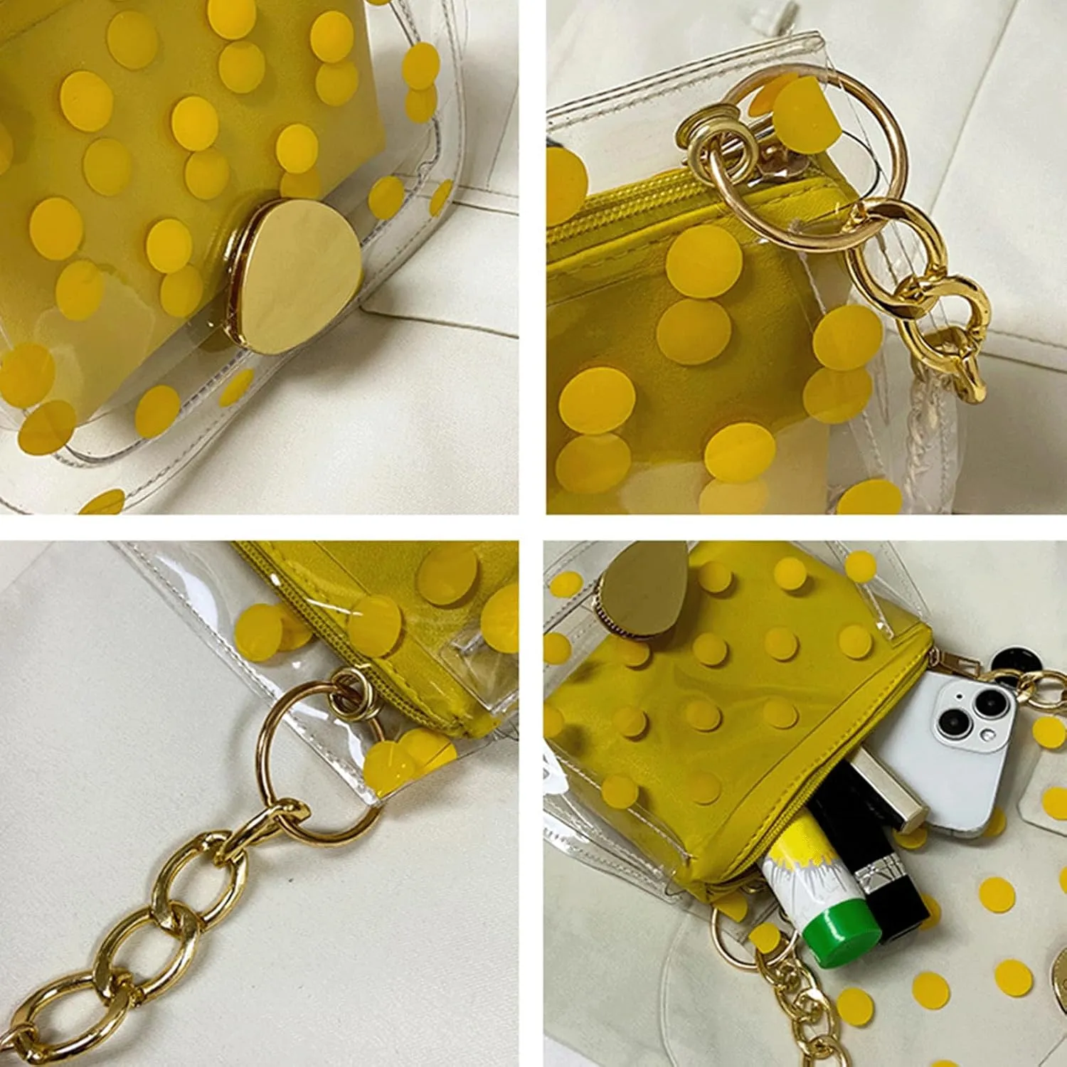 Polka Dot Purse Clear PVC Retro Crossbody Jelly Bag with Chain Mini Shoulder Handbag for Women Casual Daily Travel Use