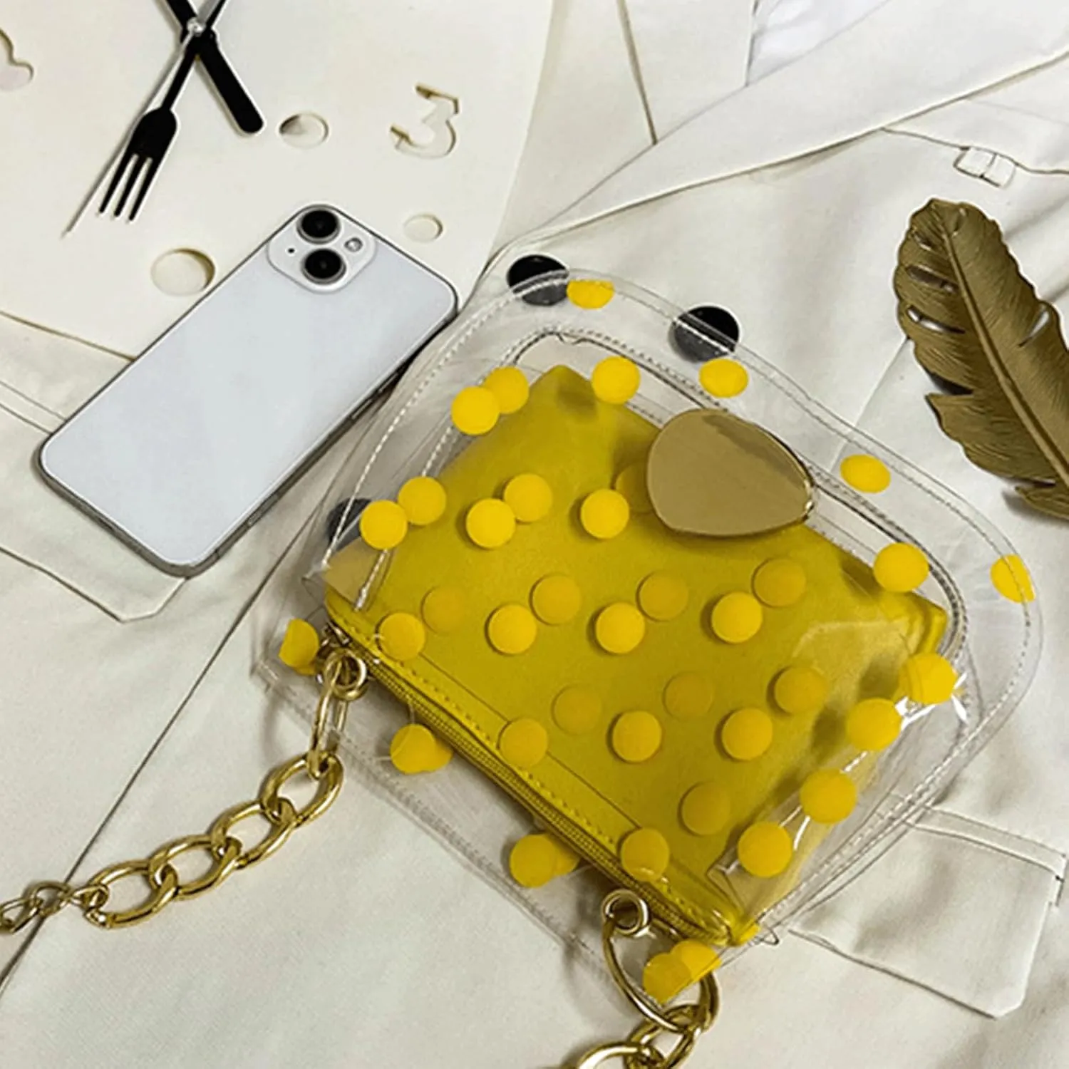 Polka Dot Purse Clear PVC Retro Crossbody Jelly Bag with Chain Mini Shoulder Handbag for Women Casual Daily Travel Use