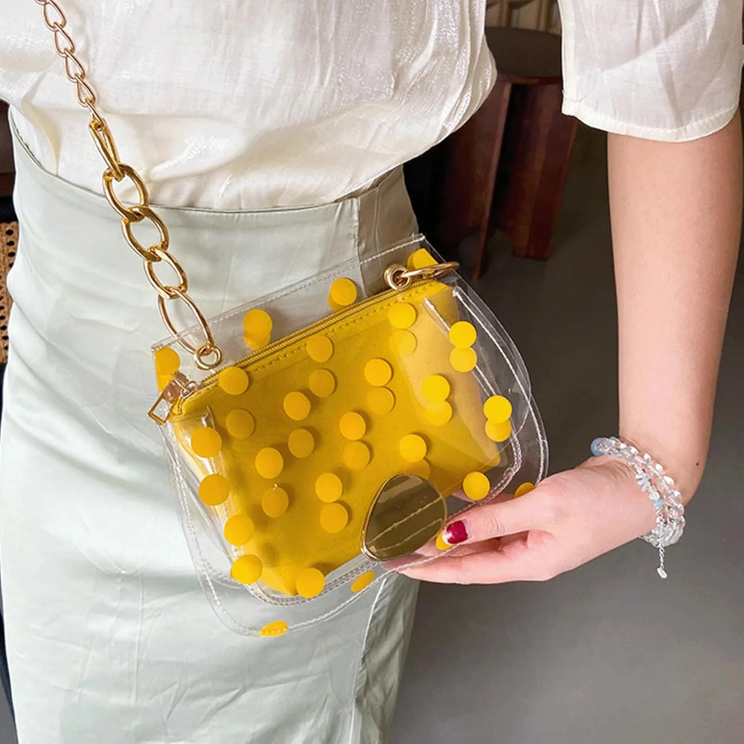 Polka Dot Purse Clear PVC Retro Crossbody Jelly Bag with Chain Mini Shoulder Handbag for Women Casual Daily Travel Use
