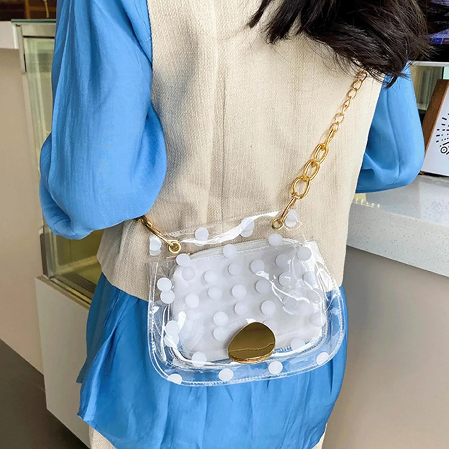 Polka Dot Purse Clear PVC Retro Crossbody Jelly Bag with Chain Mini Shoulder Handbag for Women Casual Daily Travel Use