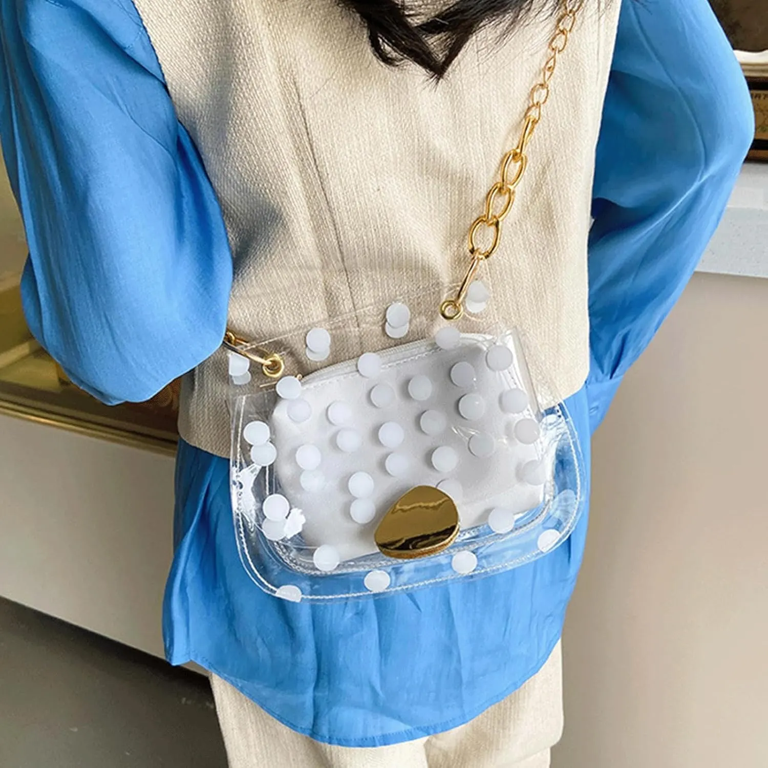 Polka Dot Purse Clear PVC Retro Crossbody Jelly Bag with Chain Mini Shoulder Handbag for Women Casual Daily Travel Use