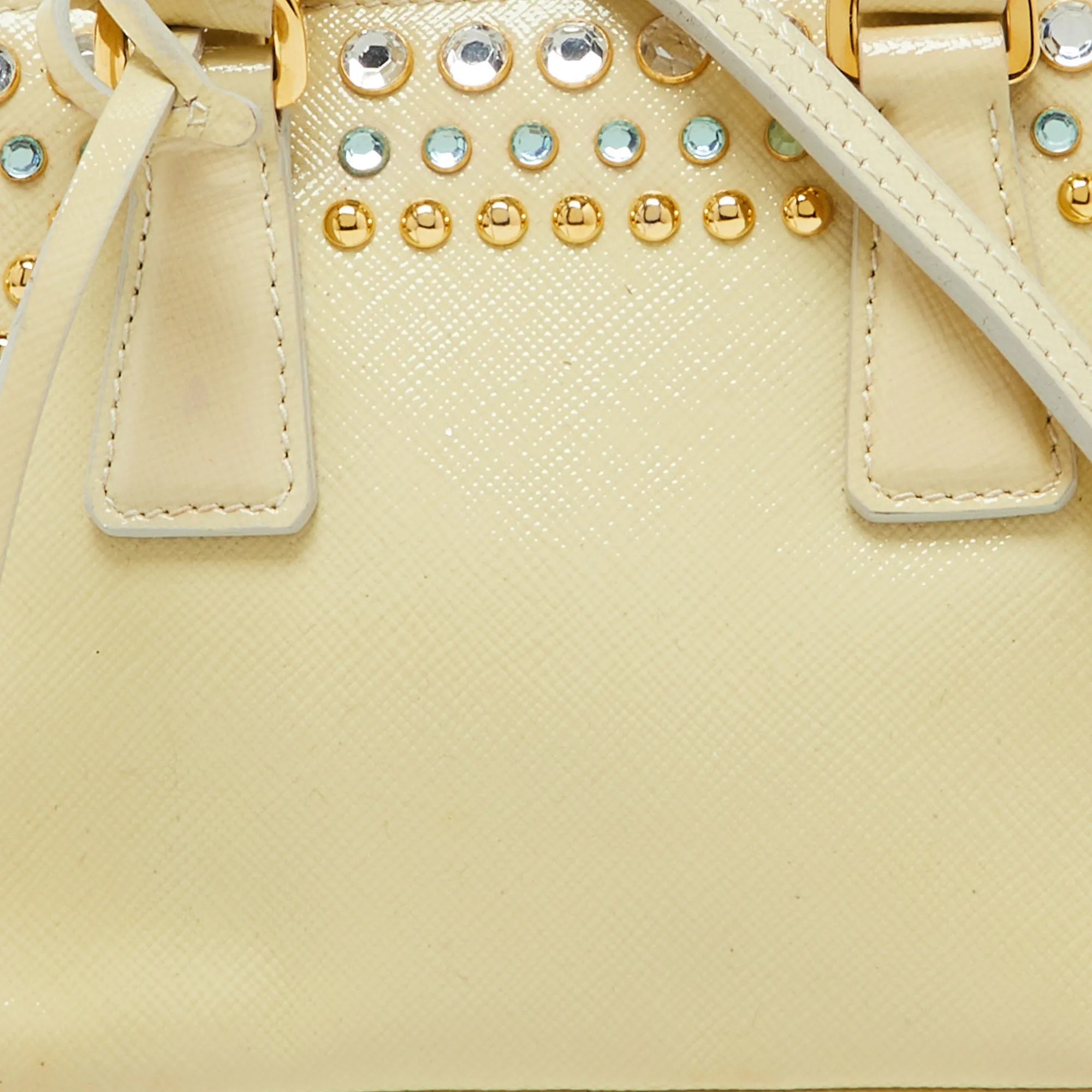 Prada Cream Saffiano Patent Leather Crystal Embellished Pyramid Frame Satchel