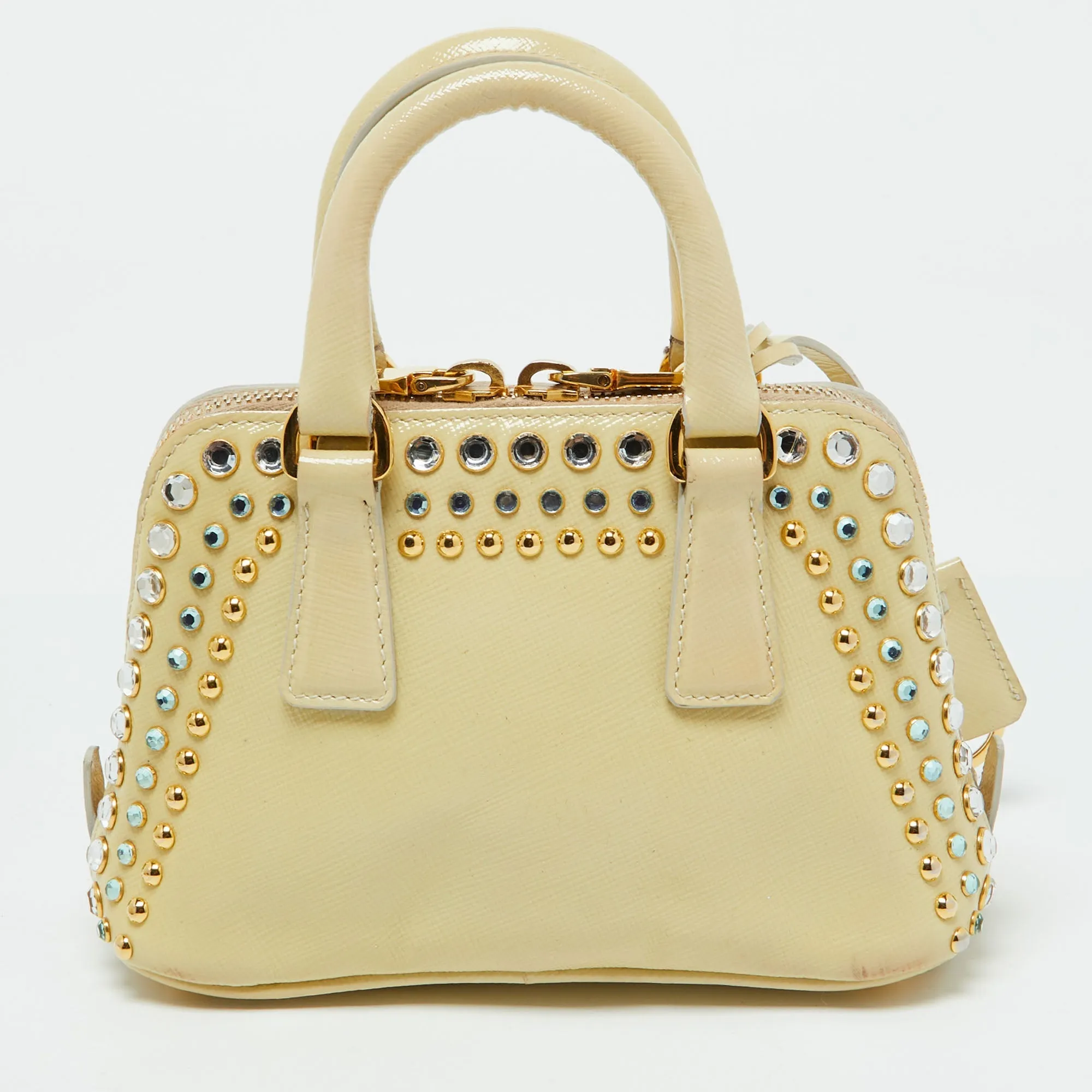 Prada Cream Saffiano Patent Leather Crystal Embellished Pyramid Frame Satchel