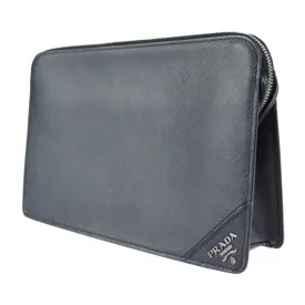 PRADA second bag 2VF056 Saffiano leather BALTICO navy silver hardware wristlet clutch