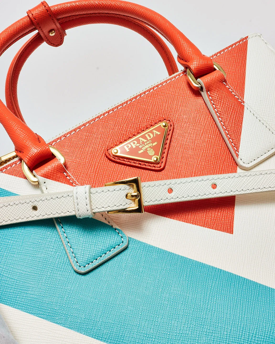 Prada White Orange & Blue Saffiano Leather Special Edition Small Galleria Bag
