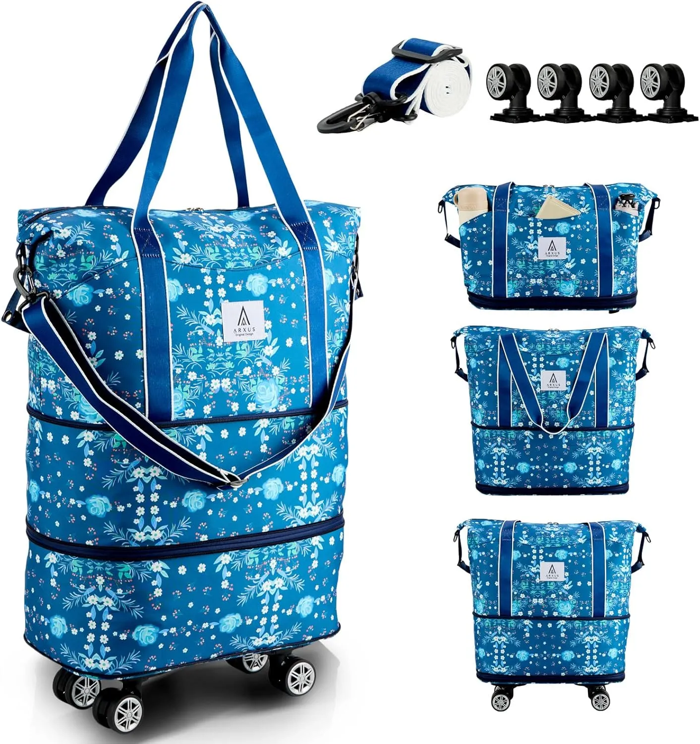 Rolling Duffle Bag with Detachable Wheels and Adjustable Shoulder Strap, Large Expandable Foldable Carry On Luggage Bag with Handle and Suitcase Sleeve, Weekend Travel Airplane 25L-55L