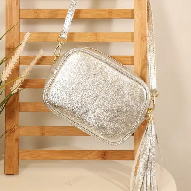 Silver Italian Leather Camera Bag
