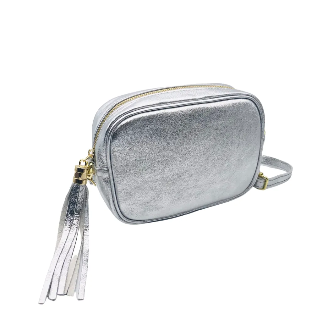 Silver Italian Leather Camera Bag