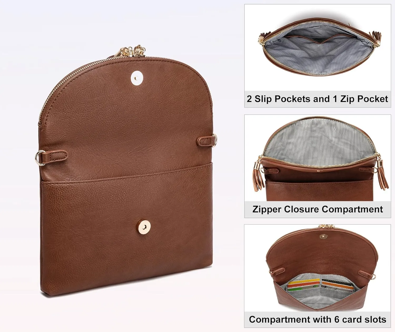 Solene Womens Envelop Clutch Purse Multi Compartments, 6 Card Slot Inside, Crossbody Bag With Tassels