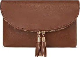 Solene Womens Envelop Clutch Purse Multi Compartments, 6 Card Slot Inside, Crossbody Bag With Tassels