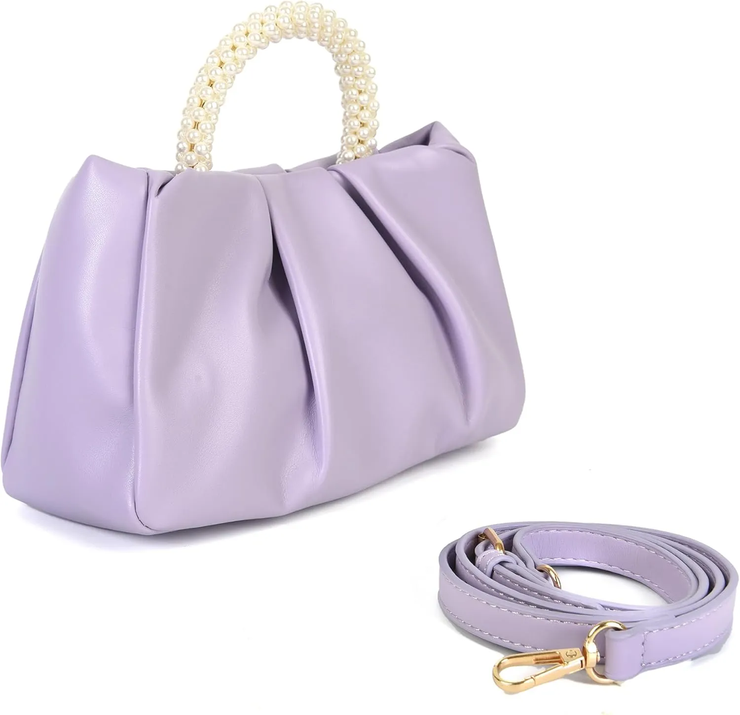 Valleycomfy Evening Clutch Pearl Purses for Women Ladies Soft Leather Ruched Crossbody Bags Shoulder Bag for Party Wedding