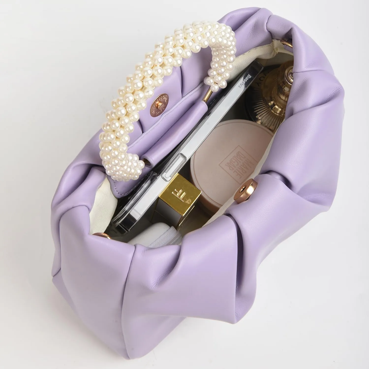 Valleycomfy Evening Clutch Pearl Purses for Women Ladies Soft Leather Ruched Crossbody Bags Shoulder Bag for Party Wedding