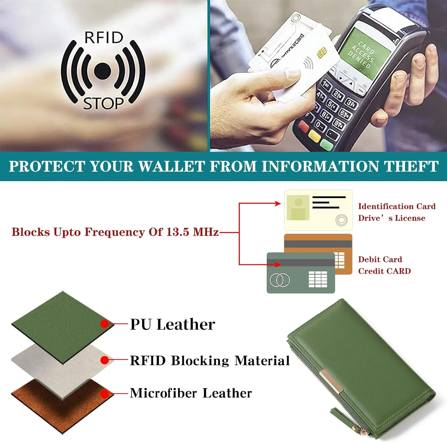 Wallet Women Leather RFID Blocking Large Capacity Credit Card Holder Bifold Long Ladies Purse with Zipper Pocket