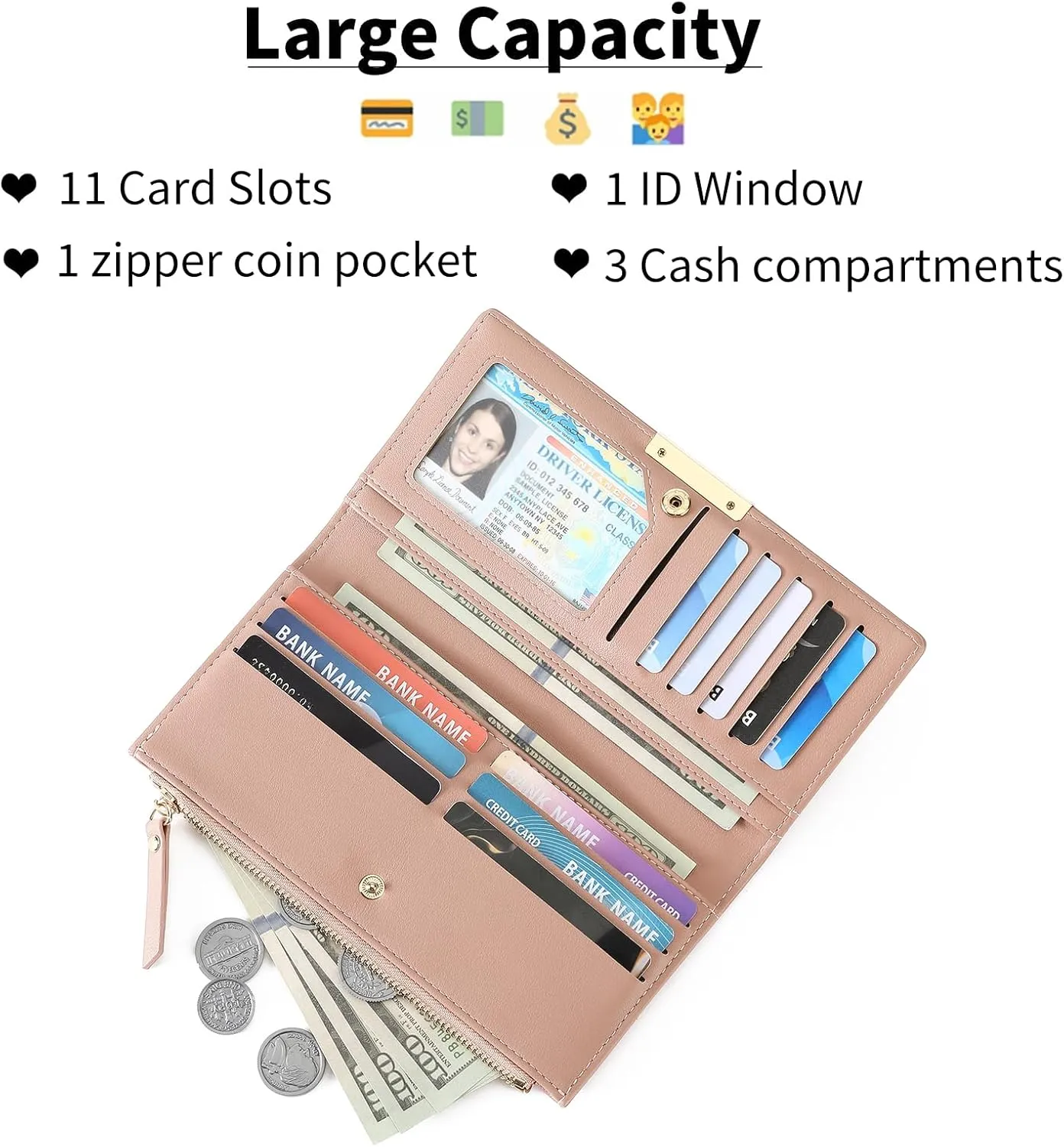 Wallet Women Leather RFID Blocking Large Capacity Credit Card Holder Bifold Long Ladies Purse with Zipper Pocket