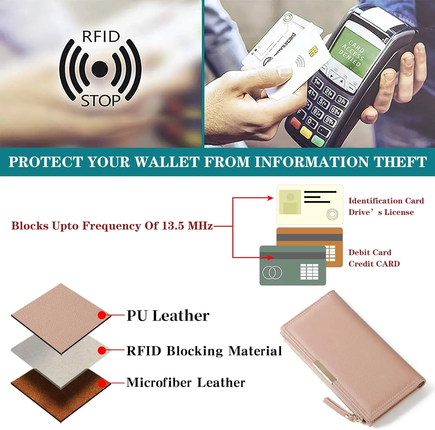 Wallet Women Leather RFID Blocking Large Capacity Credit Card Holder Bifold Long Ladies Purse with Zipper Pocket