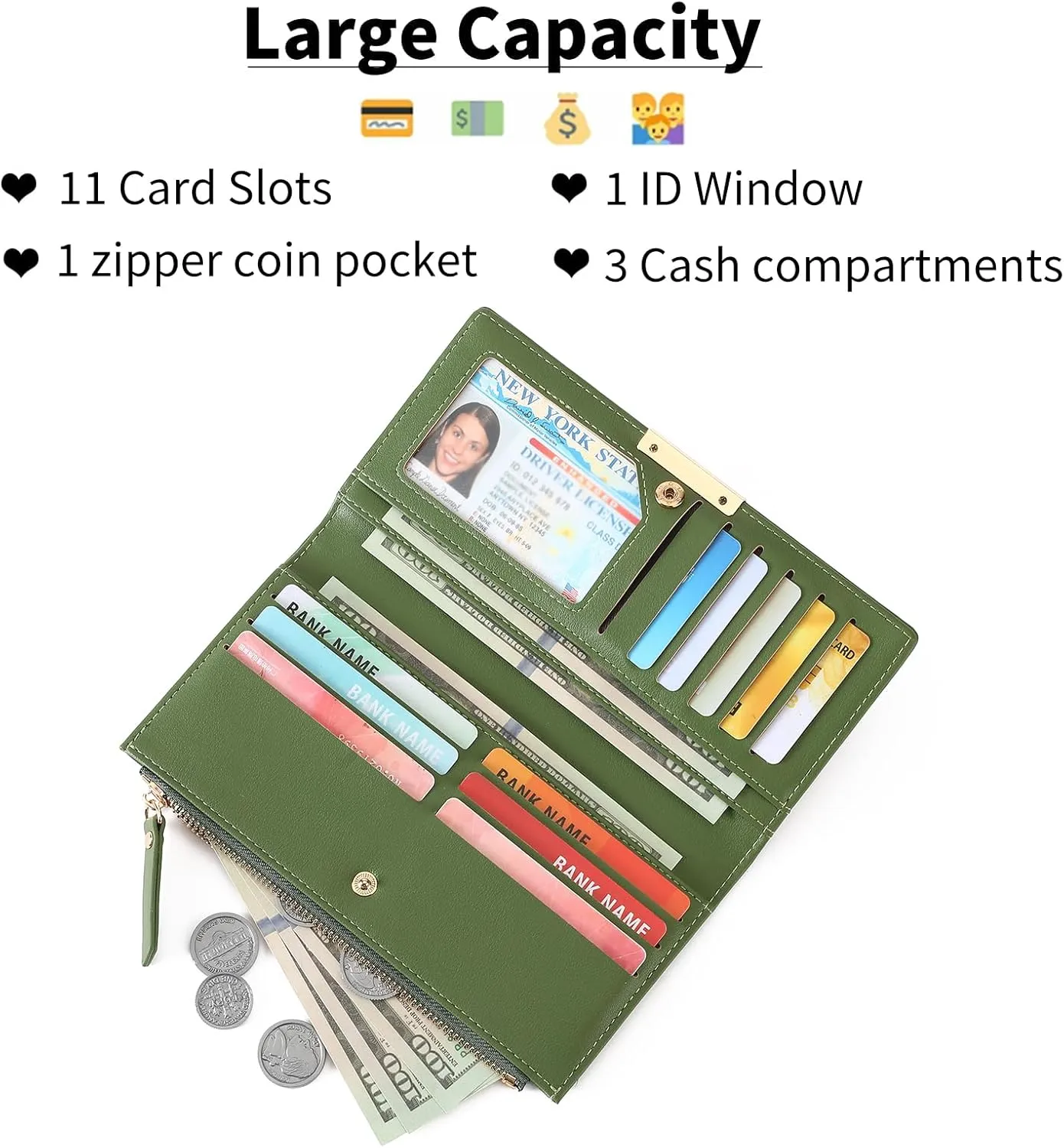 Wallet Women Leather RFID Blocking Large Capacity Credit Card Holder Bifold Long Ladies Purse with Zipper Pocket