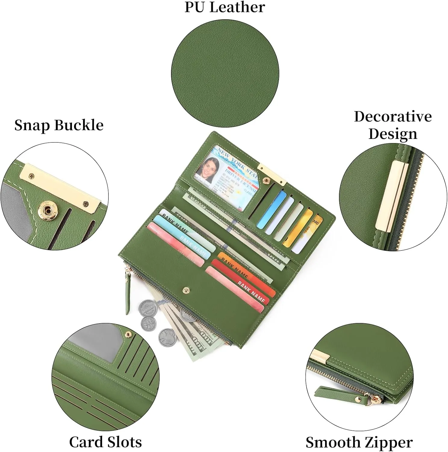Wallet Women Leather RFID Blocking Large Capacity Credit Card Holder Bifold Long Ladies Purse with Zipper Pocket