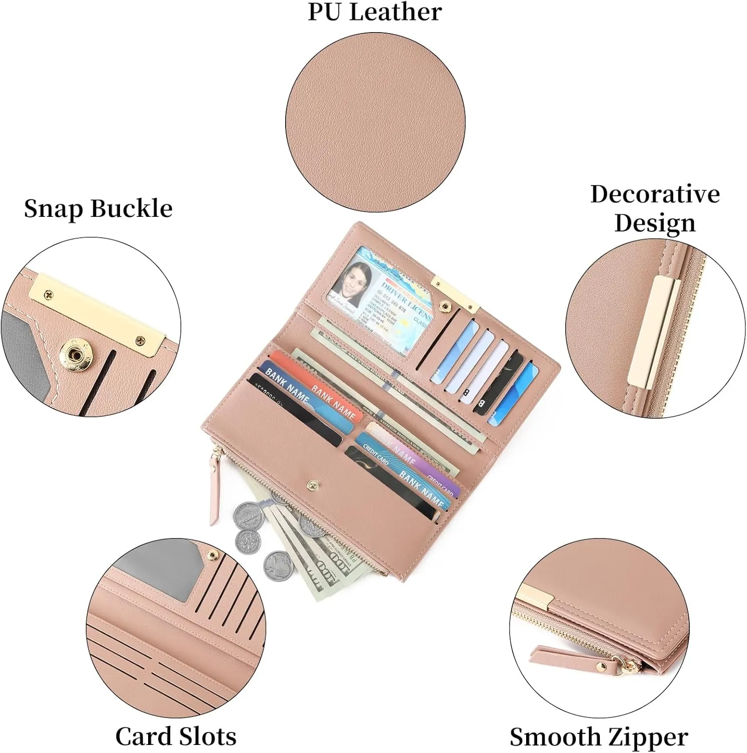 Wallet Women Leather RFID Blocking Large Capacity Credit Card Holder Bifold Long Ladies Purse with Zipper Pocket