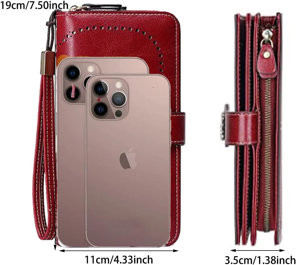 Women Leather Wallet Crossbody Shoulder Bag with Double Zipper and Mobile Phone Purse with Shoulder Strap