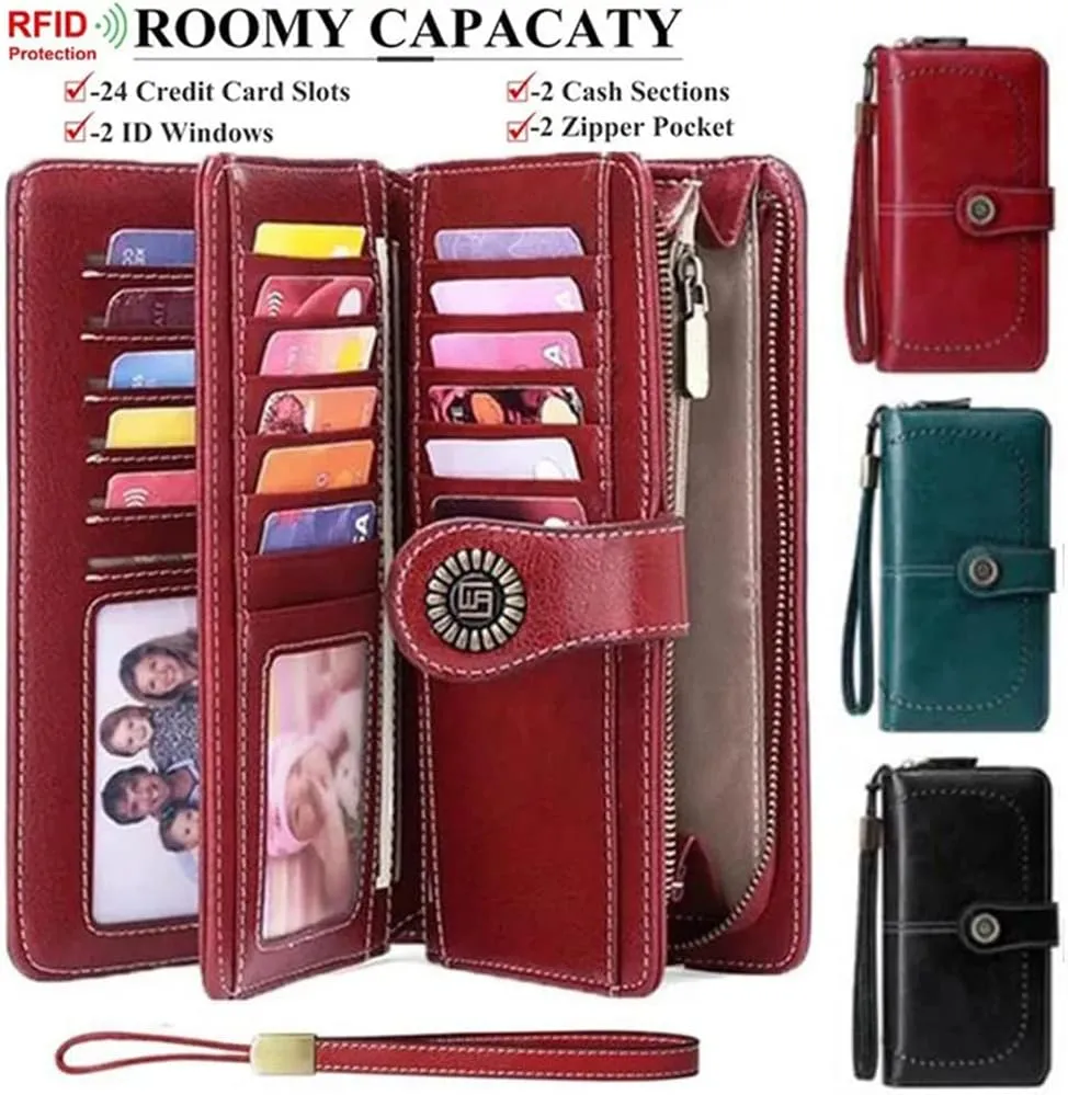 Women Leather Wallet Crossbody Shoulder Bag with Double Zipper and Mobile Phone Purse with Shoulder Strap