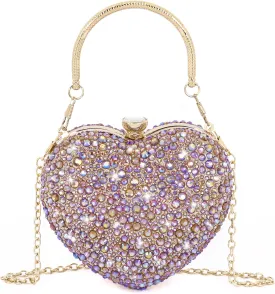 Womens Elegant Heart Type Evening Bag Shiny Rhinestone Clutch Purse Party Wedding Prom Handbag Chain Shoulder Bag