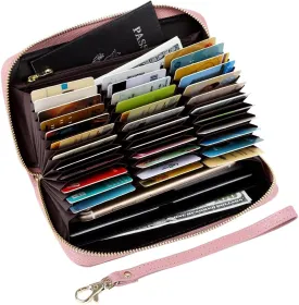 Women's RFID Blocking 36 Slots Card Holder Long Big Leather Zipper Wristlet Clutch Wallet